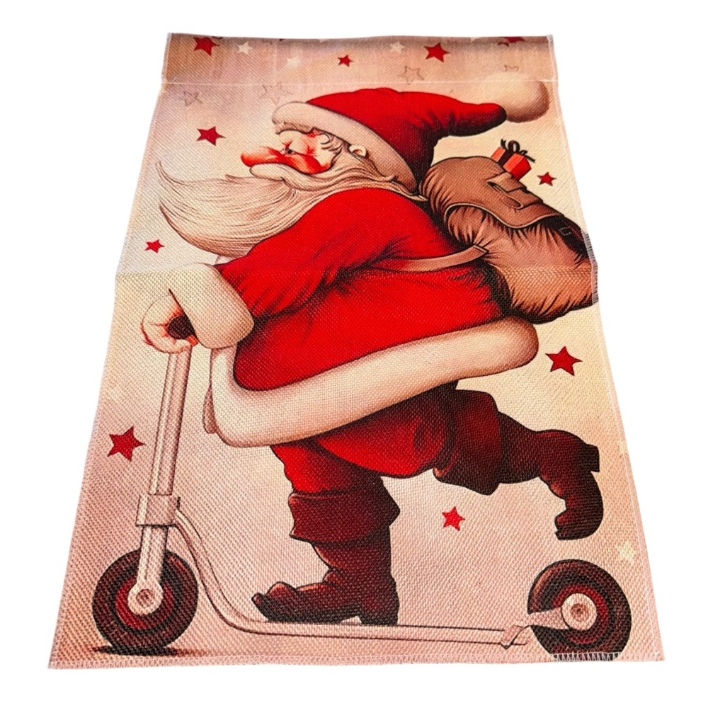 Christmas Garden Flag 12”x18” Doubled Sided Santa On Scooter New Without Tags